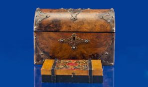 Victorian Gothic Dome Topped Tea Caddy, veneered to all but the base in burr walnut, applied brass