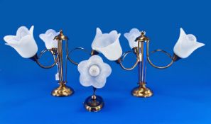 Modern Brass Effect Pair of Three Branch Ceiling Lights, glass tulip shaped shades. Together with