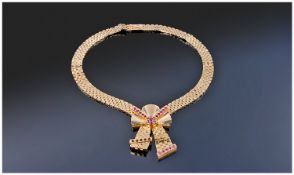 1950`s 9ct Gold Ruby Set Necklace, Broad Panther Link Necklace Set With Rubies In A Stylised Fan