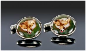 Gents Set Of Silver Cufflinks, Of Circular Form With Chain Links, The Fronts Showing Foxes Heads.