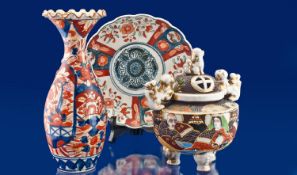 Three Various Oriental Ceramic Items comprising Imari plate; 8.5 inches in diameter, Imari frilled