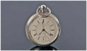 Silver Open Faced Chronograph Pocketwatch, Enamelled Dial With Roman Numerals And Centre Seconds,