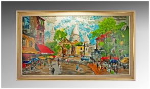 Oil Processed Large Framed Paris Street Scene. 55 x 33``