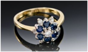 18ct Gold Sapphire And Diamond Ring, Late 20thC Ring Set With Sapphires And Diamonds, Flower Head