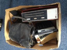 Box of Collectables, including Calculator, radio, Thunderbirds item, large camera in its original