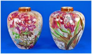 Doulton Burslem. 19th Century Pair of Lustre Vases. Floral decoration. c.1880`s. Artist signed ``