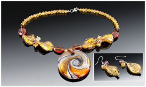 Murano Glass Pendant Necklace and Earring Set, golden amber and silver aventurine glass circular