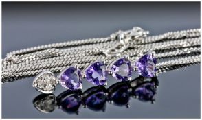 9ct White Gold, Amethyst and Diamond Pendant, suspended on a white gold chain.