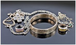 Collection Of Silver Jewellery, Comprising Two Celtic Design Bracelets, Hinged Bangle, Two Rings