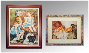 Russel Flint Coloured Framed Print, 15 by 10 inches. Together with a framed wool work picture, 22