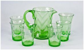 Set of Six Early 20th Century Green Lemonade Glasses and Jug.