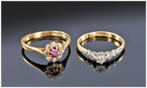Two 18ct Gold Diamond Rings, One Set With A Central Ruby Surrounded By Diamonds (Size L½) The Other