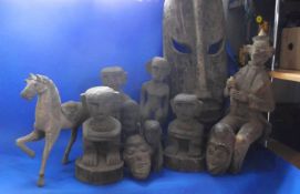 A Collection Of 6, Standing Tribal Wood Figures, one large ethnic wood mask, 2 small wood masks,