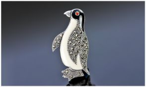 Silver Enamelled Penguin Brooch, Realistically Modelled Set With Marcasites. Height 40mm