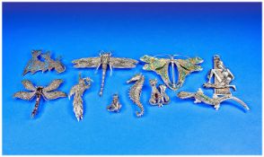 Collection Of Brooches, Modelled In The Form Of Dragonflies, Stylised Cats, Seahorse etc.