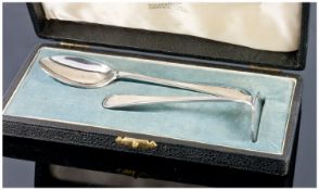 Walker and Hall Silver Set of Plated Spoon and Pusher/Scraper. With original box.