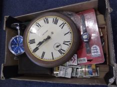 Box of Misc, including alarm clock, football player cigarette cards, Crescent wall light, football