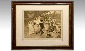 Arthur J Elsley 1902 Framed Sepia Print. Titled `Baby`s Birthday`. Period frame. 30 by 24 inches