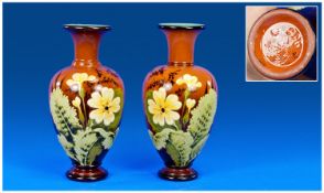 Royal Doulton Hand Painted Fine Pair of Faience High Lustre Vases. Naturalistic faience, yellow