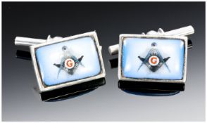 Gents Silver Cufflinks, The Rectangular Fronts Showing Masonic Emblems, Chain Fittings. Stamped