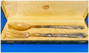 Cased Set Of French Silver Handled Salad Servers, Silk Lined Fitted Case, With Retailers Mark.