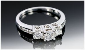 14ct White Gold Diamond Trilogy Ring, Set With Three Round Modern Brilliant Cut Diamonds, Claw Set,