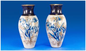 Doulton Burslem Pair of Blue Iris Vases. c.1890`s. Each Stands 11 Inches High. Minor Nips and Chips