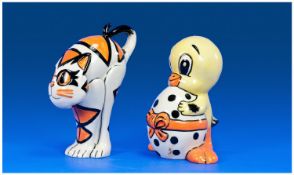 Lorna Bailey, signed Comical Cat and Duck Figures. Cat 5.75 inches tall, Duck 5.5 inches tall.