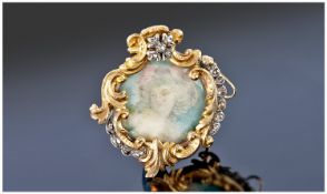 High Carat Gold Miniature, Glazed Front With Portrait. Scroll Border Set With Rose Cut Diamonds,