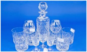 Glass Decanter with Star Base and Faceted Stopper, together with set of six large glass tumblers,