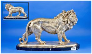 A Fine Impressive 20th Century Silvered Cast Metal Figure Of A Male Lion In Full Splender. Raised