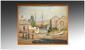 Moi Parry Welsh Artist Modern School, coastal scene. House overlooking harbour figures in