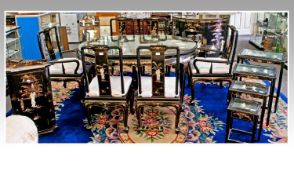 Contemporary Oriental Black Lacquered Dining Room Suite, comprising large dining table, two carver