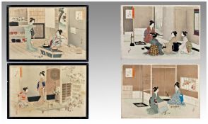 Set Of Four Fine Quality Japanese Wood Block Prints Of Geisha Girls, all fully signed by the