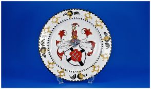 Hand Painted Armorial Style Charger, a predominantly red, black and white `armorial` surmounted by