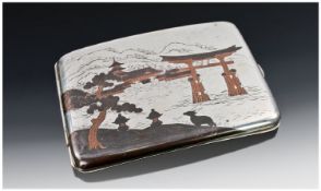Japanese Signed Vintage Silver and Inlaid Cigarette Case with the four silver panels inlaid with