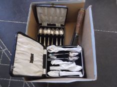 Box of Silver Plated Items, including serving knife and fork, with steel, together with boxes of