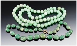 Two Green Jade Coloured Bead Necklaces, Length 18 & 32 Inches