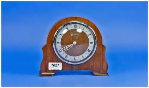 Mid 20th Century Bentimes Mahogany Cased Mantle Clock, of windup mechanism, silvered chapter ring,