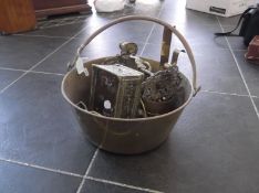 Brass Bucket Containing a Collection of Brassware, including brass box, pair of figural