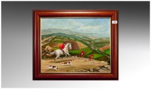 `Over the Top` Hunting Scene. Framed Acrylic on Board. Signed G Hardy lower right. 20 by 16 inches.