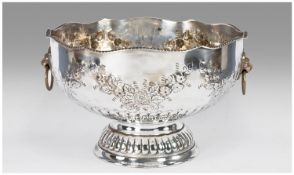 Edwardian Large Silver On Copper Two Handle Punch Bowl with lion mask handles ribbed circular base,