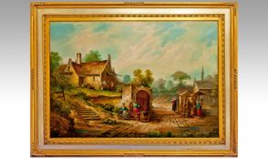 Large Original Oil on Canvas `Villiage Scene` by P. Hafke. Elaborate gilt frame. Valuation
