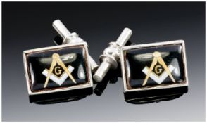 Gents Silver Cufflinks, The Rectangular Fronts Showing Masonic Emblems, Chain Fittings. Stamped