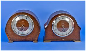 Two Enfield Oak Cased Mantle Clocks, both with silvered chapter rings and Arabic numerals.
