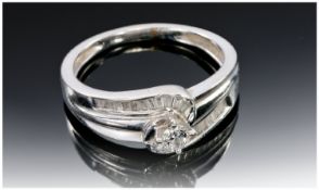 9ct White Gold Diamond Ring, Set With A Central Round Brilliant Cut Diamond, Between Two Rows Of