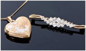 9ct Gold Heart Shaped Locket And Chain, Together With A 9ct Gold CZ Set Barbrooch.