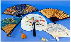 Collection of Five Vintage Ladies Fans, Assorted Patterns and sizes.