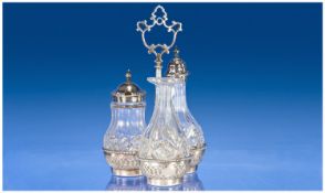 Victorian Silver Cruet Stand And Three Glass Bottles, Two Silver Topped (Dented) All Fully