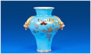 Royal Crown Derby. Mask Handle Turquoise Woodpecker Vase. c.1880`s. 4.5 inches high.